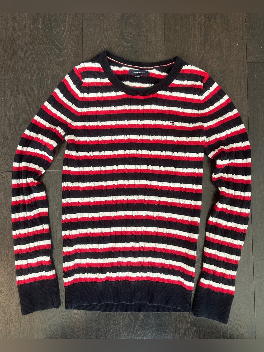 Tommy Hilfiger Women’s Striped Cable Knit Sweater Navy Red White Size XS